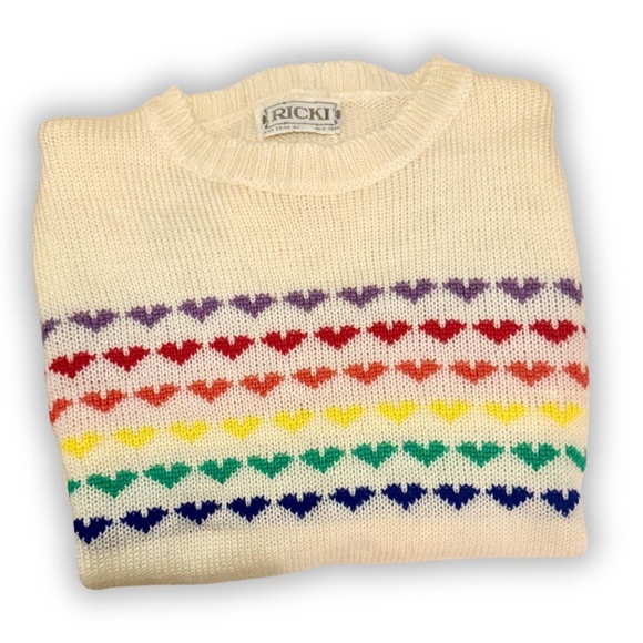 Vintage Cream Knit Sweater, Multicolor Heart Pattern, Sm, 80s Fall - Picture 9 of 10